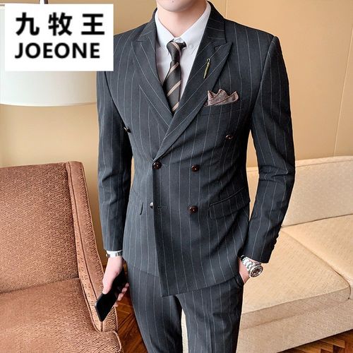九牧王男装男装西服套装男士韩版修身条纹西装男式双排扣结婚礼服正装