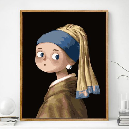 diy数字油画卡通q版手绘填充名画戴珍珠耳环的少女客厅装饰挂画