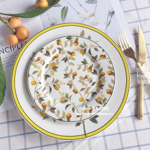 出口黄色枇杷果蝴蝶小鸟诗意陶瓷圆盘大小盘菜盘装饰盘