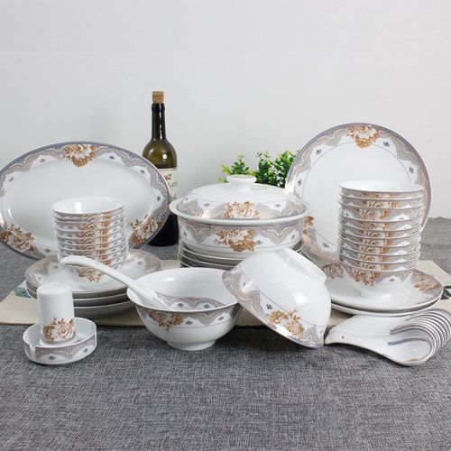 景德镇陶瓷餐具套装价格定做礼品餐具58头彩金牡丹高白瓷餐具