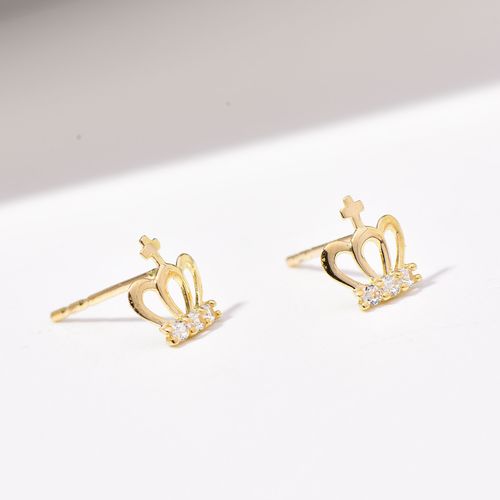 日韩流行10k黄金耳钉女 光面镂空锆石王冠皇冠耳钉