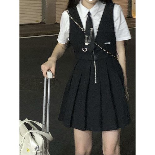 减龄学院风日系jk制服套装女宽松ins短袖衬衫系带拉链背带裙