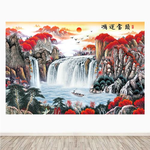 鸿运当头客厅电视背景墙贴画山水瀑布聚宝盆招财聚财壁画自粘定制
