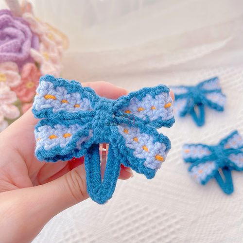 迷蒂手作 蝴蝶结 发夹平面夹子钩织蓝色的小可爱发夹钩针手工制作
