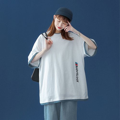 假两件t恤女短袖2021年新款ins潮韩版宽松学生百搭chic港味上衣夏