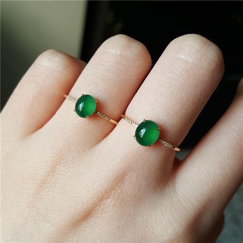 汉桑原创翡翠戒指冰种翡翠阳绿蛋面戒面镶嵌18k金镶玉戒指指环女