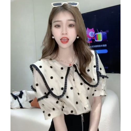 领衬衫女夏天百搭休闲网红甜美波点小衫时尚休闲女生 香槟色上衣 m