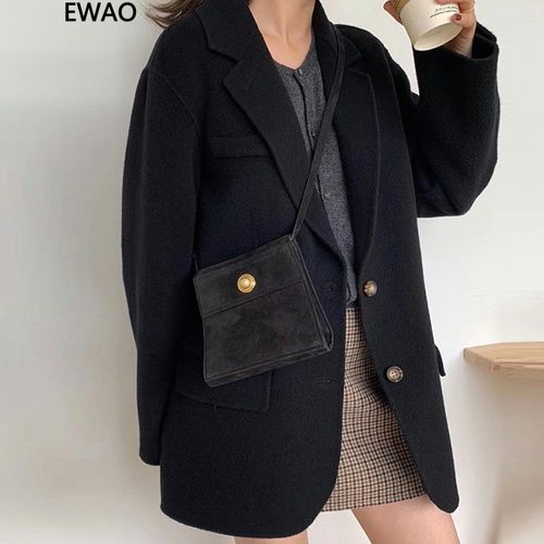 ewao 驼色毛呢外套女短款2021秋冬新款韩版加厚小个子西装羊毛呢子