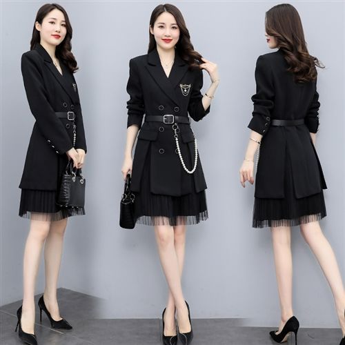设计感中长款西装裙2022新款春装修身通勤显瘦双排扣拼接纱网外套