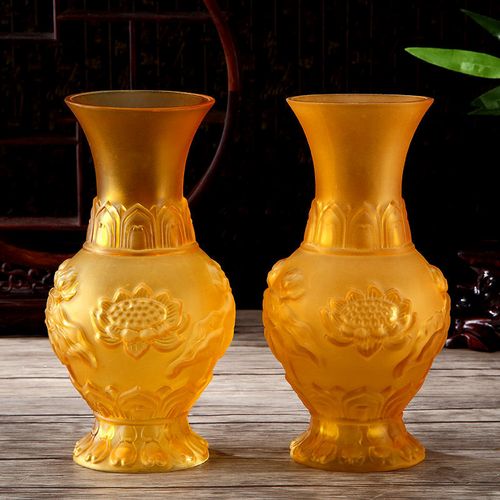 佛前琉璃浮雕莲花花瓶供佛高档观音插花净水瓶 佛堂七彩花瓶供具