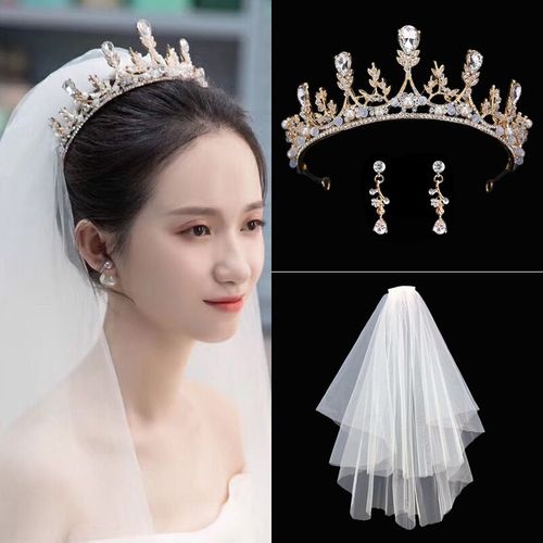 头纱新娘主婚纱皇冠三件套结婚用品大全成年生日皇冠女十八岁耳环