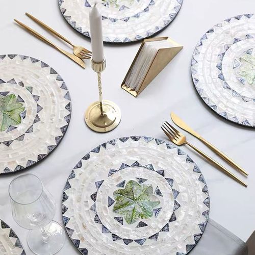 欧式轻奢ins风天然彩贝壳装饰盘 创意家用圆餐垫木质桌面隔热垫盘【4