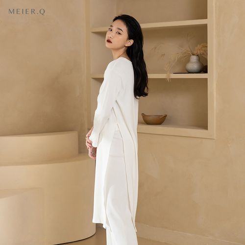 meier.q长袖上衣女2022 project.m坑条圆领开岔长版t恤 m40005155