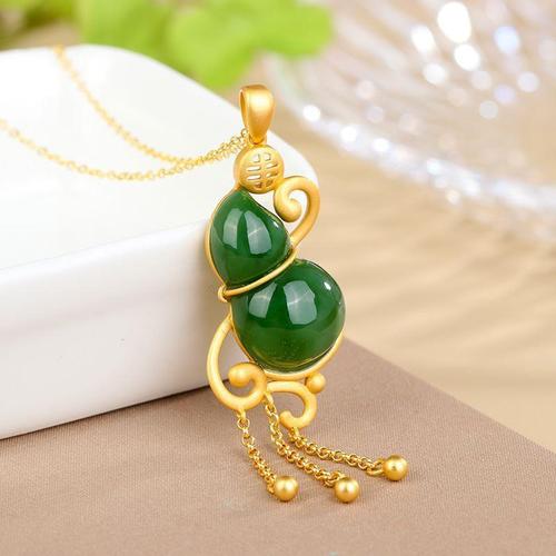 s925银镀鎏金镶玉碧玉吊坠葫芦玉石项链女纯银金色镶嵌送妈妈礼物