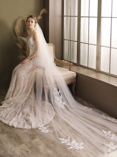 v829新娘结婚主婚纱头纱 白色双层蓬蓬长款拖尾超仙气质旅拍头饰