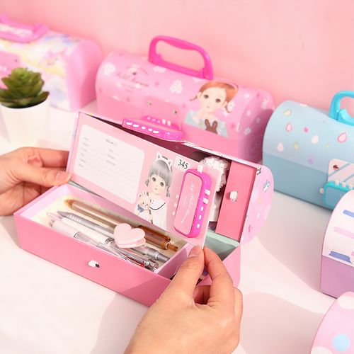 小学生创意多功能文具盒双密码锁收纳盒大容量可爱小清新铅笔盒