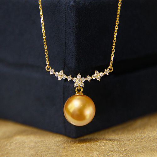 金黄色进口南洋金珠吊坠项链18k金单颗浓金色天然海水珍珠锁骨链