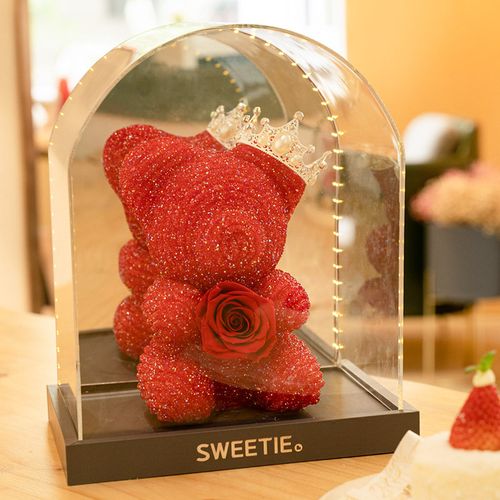 柏爱永生花钻石熊礼盒送女友玫瑰花成品七夕情人节礼物永生花小熊