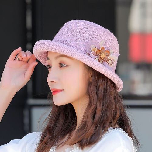 卷边小礼帽夏新款帽子女士卷边礼帽女夏季出游防晒遮阳帽花朵盆帽