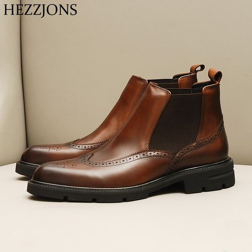 赫泽琼斯hezzjons男士皮靴意大利头层牛皮雕花布洛克男靴英伦潮流