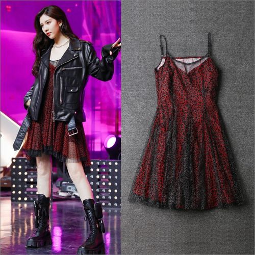 现货年会聚会单品2022宋妍霏明星同款黑色皮衣配网纱波点吊带裙