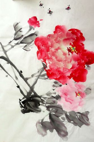 【墨香村】特价中堂国画纯手绘花鸟四尺三开牡丹富贵图md10417195