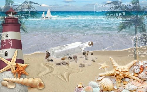 定制唯美海景沙滩贝壳灯塔椰树电视背景墙装饰画户外写真海报壁纸