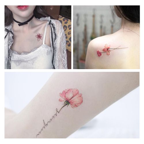 文身贴防水女持久小清新锁骨纹身贴女孩少女英文花 樱花一套50张