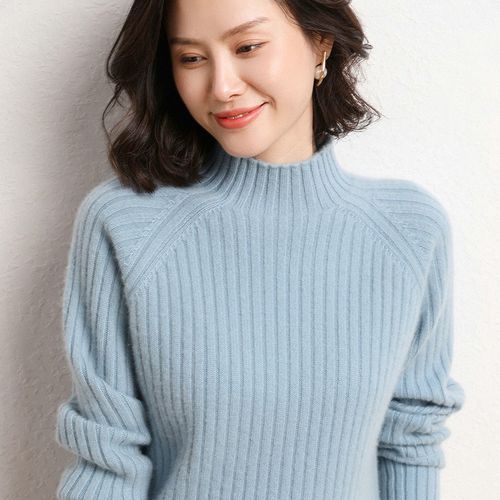 飒友女士羊绒衫纯色羊绒抽条打底衫套头半高领羊绒毛衣纯色针织羊绒衫