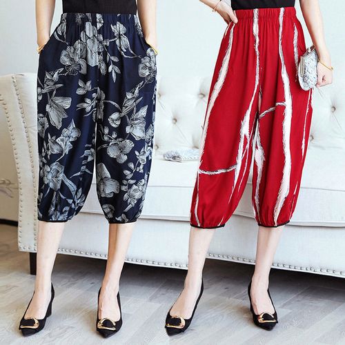 中老年妈妈棉绸七分裤夏季绵绸裤花裤子女休闲沙滩裤松紧腰灯笼裤