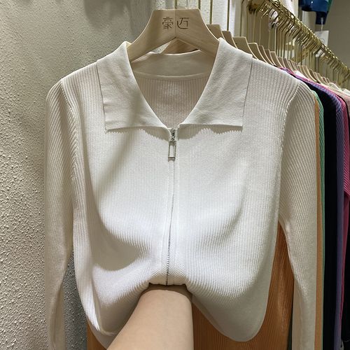 新款女士有领子的t恤女装早秋拉链开衫长袖女冰丝针织