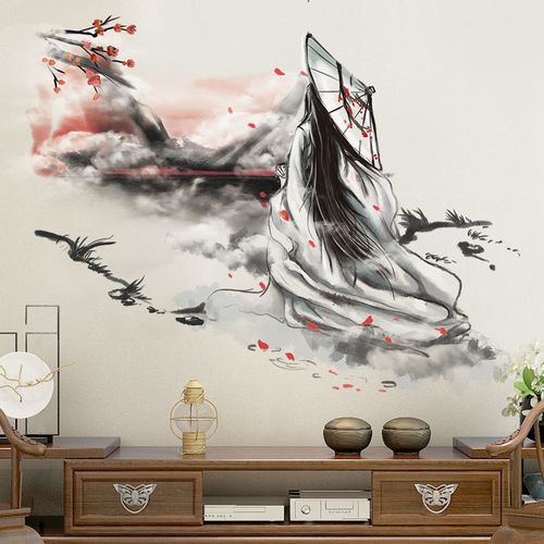 中国风水墨墙贴画古风墙面装饰贴纸自粘墙纸国画壁纸墙壁墙画古典