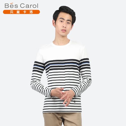 bescarol/贝兹卡洛t恤男春秋款条纹圆领纯棉长袖上衣636333套头款