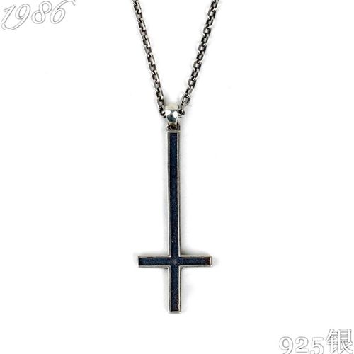 s925纯银倒十字架项链吊坠男女做旧个性复古泰银朋克风项坠挂件