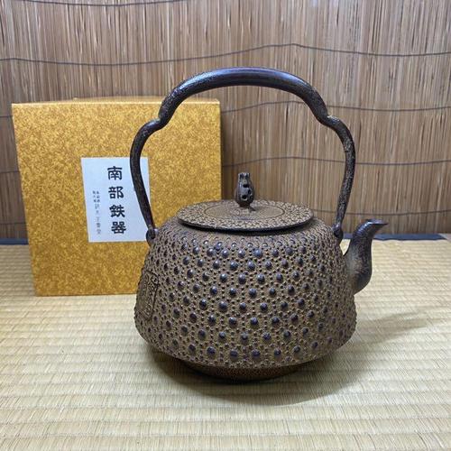 中古美品日本南部铁器铃木忠兵卫手工铁壶水壶茶壶龟甲霰纹双落款