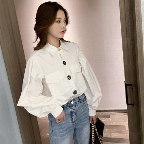 设计感小众衬衫女士早秋2020新款韩版宽松复古港味泡泡袖长袖上衣