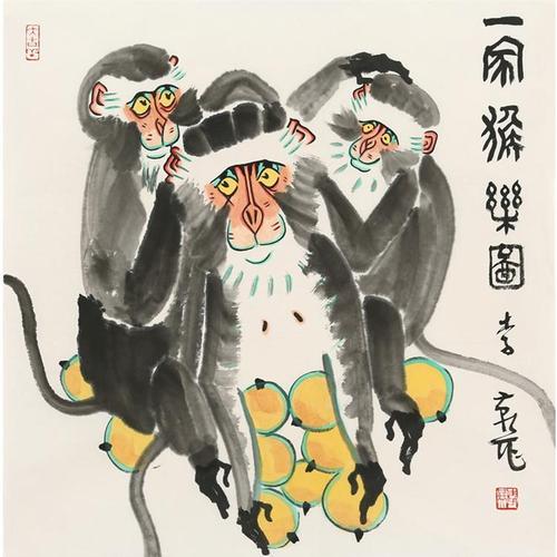 名人字画李燕斗方手绘精品国画一家猴乐图作品办公室客厅装饰收藏
