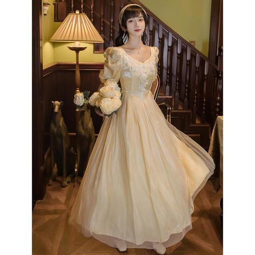 法式复古宫廷风气质长裙淡黄色连衣裙夏季缎面网纱拼接超仙公主裙