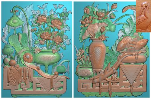 浮雕图扫描图精雕图灰度图新款竖牡丹荷花花瓶74-93砖雕石雕效果