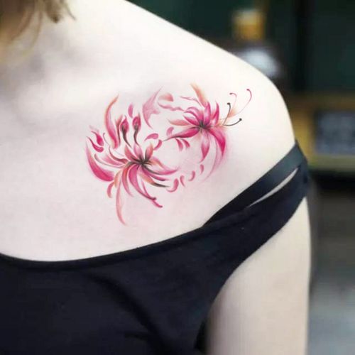 后背曼珠沙华彼岸花纹身贴花朵防水女持久仿真古风红色性感大刺青