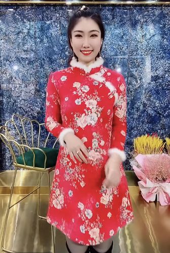 网红同款2021秋冬新款立领改良旗袍长袖毛毛袖拼接