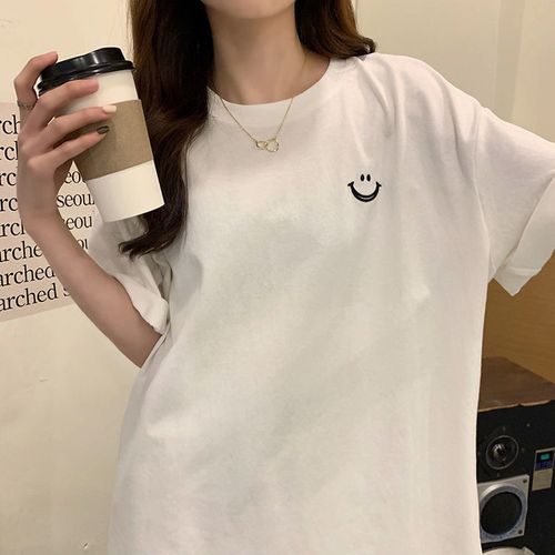 一件穿着开口笑の自制棉t基础白色短袖百搭显瘦笑标印花清爽减龄