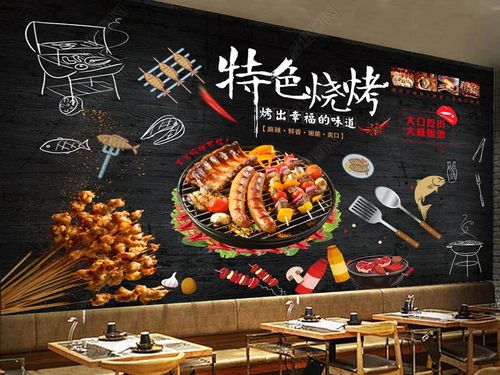 定制黑色撸串烧烤餐厅工装背景墙广告海报宣传装饰画壁纸自粘贴