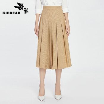 哥弟女装春季新款复古格纹高腰半身裙百褶裙中长伞裙8200052 黄格 s(2