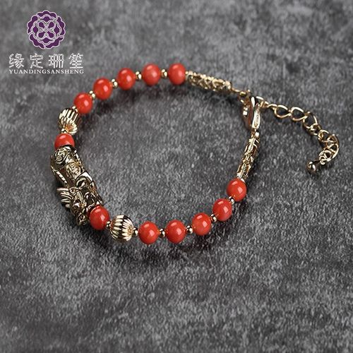 缘定珊笙 台湾天然红色珊瑚手镯18k金深海有机宝石本命年转运珠520送