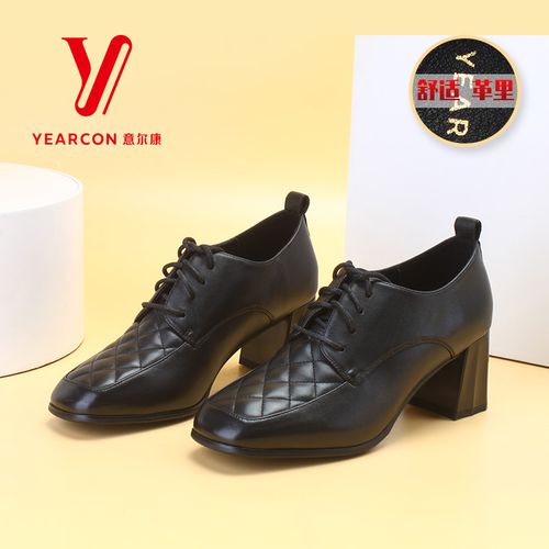 意尔康女单鞋2021秋季新款专柜正品羊皮柔软方头高跟粗跟小皮鞋女