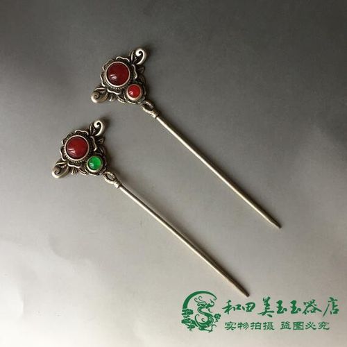 古玩杂项仿古纯银镶宝石老银簪子古代头饰簪子鎏银女士发簪子老货