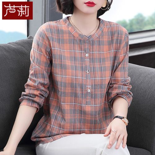 春装2021年新款女棉格子长袖衬衫女中年妈妈棉麻上衣中长款衬衣 桔色