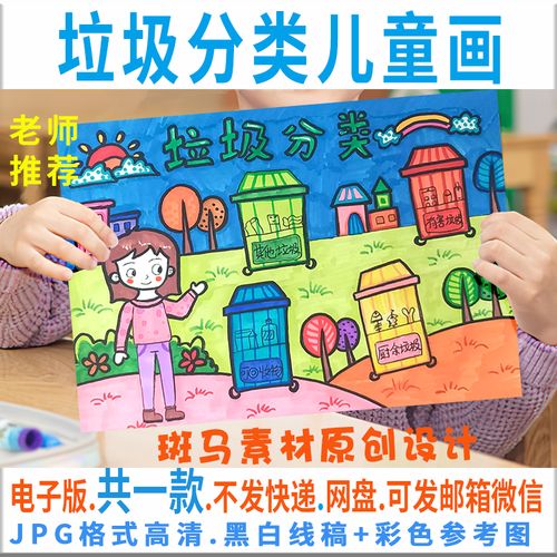 c143垃圾分类儿童画电子模板小学生爱护保护环境绘画