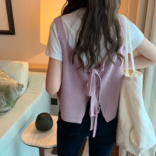 复古设计感小众背后系带针织马甲背心女2021秋季无袖